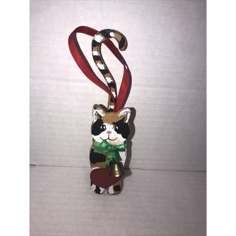 White Cat Wood Ornament Kurt Adler Wooden Kitten BellHeart Christmas Vintage1999